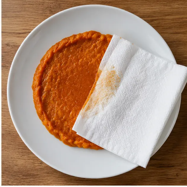Blotting pumpkin puree with paper towels on a dinner plate