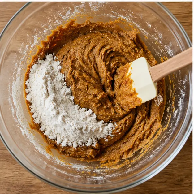 Folding dry ingredients into glossy brown butter pumpkin dough