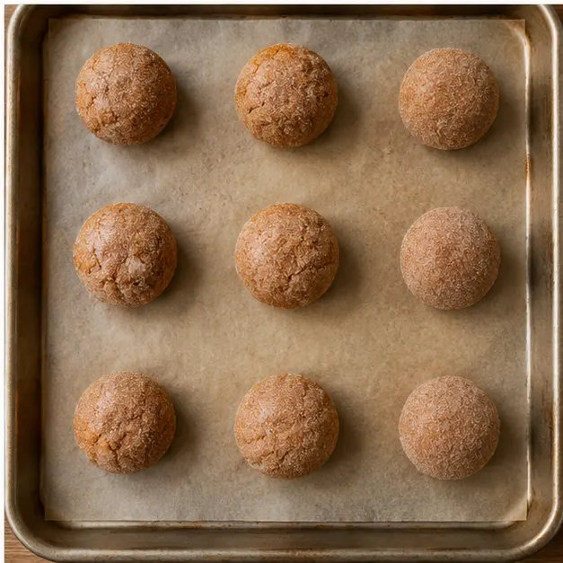 Rolling dough balls in cinnamon sugar on a parchment-lined sheet