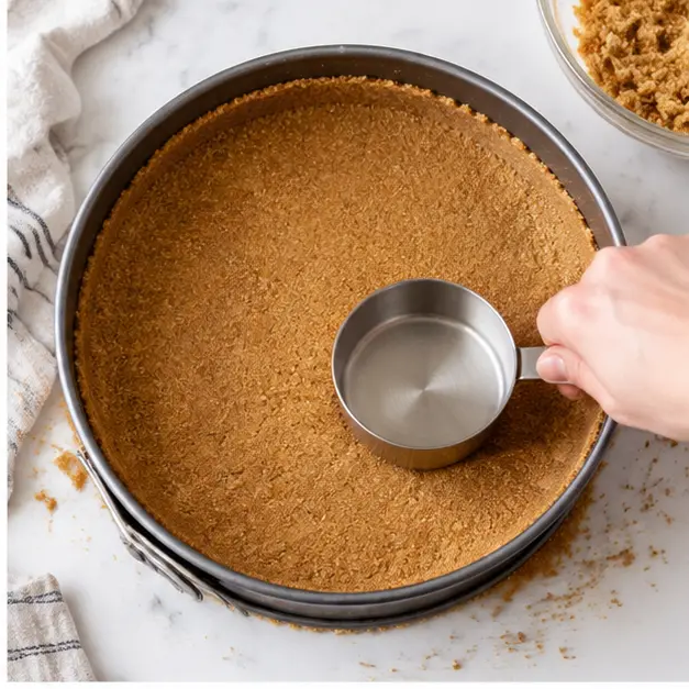 Pressing graham cracker crust into springform pan