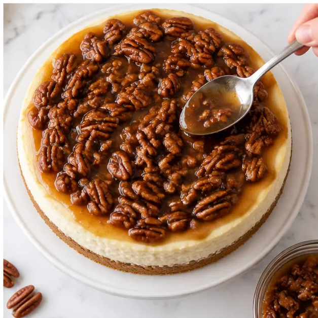 Spreading pecan topping over chilled cheesecake