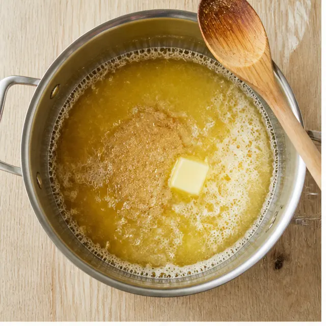 Step 1: Melt butter and sugar over medium-low heat until golden and gently simmering
