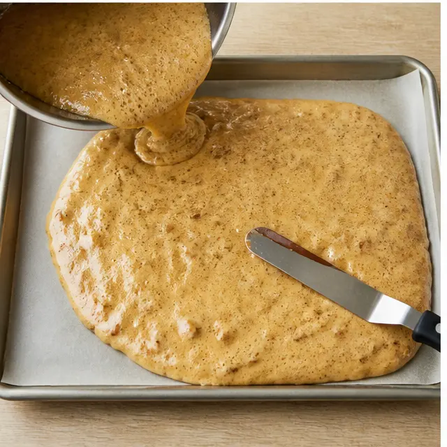 Step 3: Whisk in baking soda, pour onto the pan, and spread the puffed toffee into an even layer