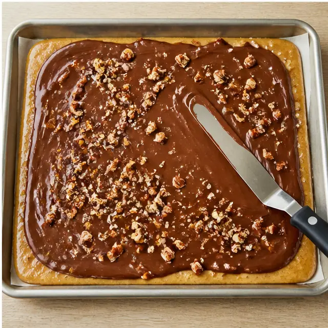 Step 4: Melt chocolate over the warm toffee, spread smooth, and top with chopped pecans