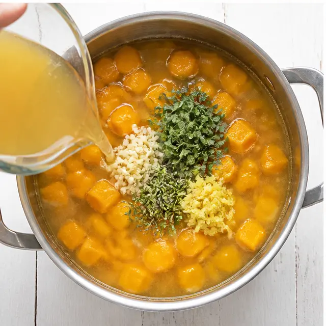 Stir in aromatics, pour in vegetable broth, and simmer until fork-tender