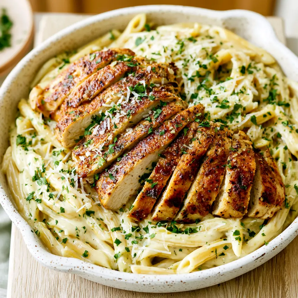 cajun garlic parmesan chicken penne - final presentation