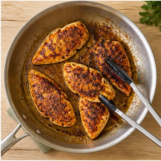 Step 2: Sear the Cajun-spiced chicken fillets until golden and cooked through.