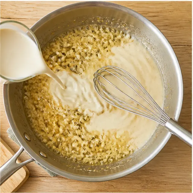 Step 3: Melt butter, cook the garlic, then whisk in cream and parmesan for the sauce.