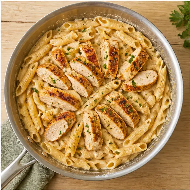 Step 4: Toss the cooked penne in the creamy sauce and top with sliced chicken and parsley.