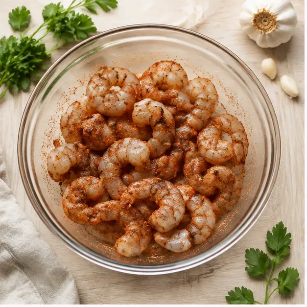 Seasoning raw shrimp with Cajun Creole spice in a glass bowl