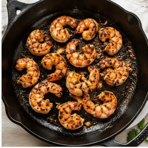 Searing marinated shrimp until golden and curled in a hot skillet
