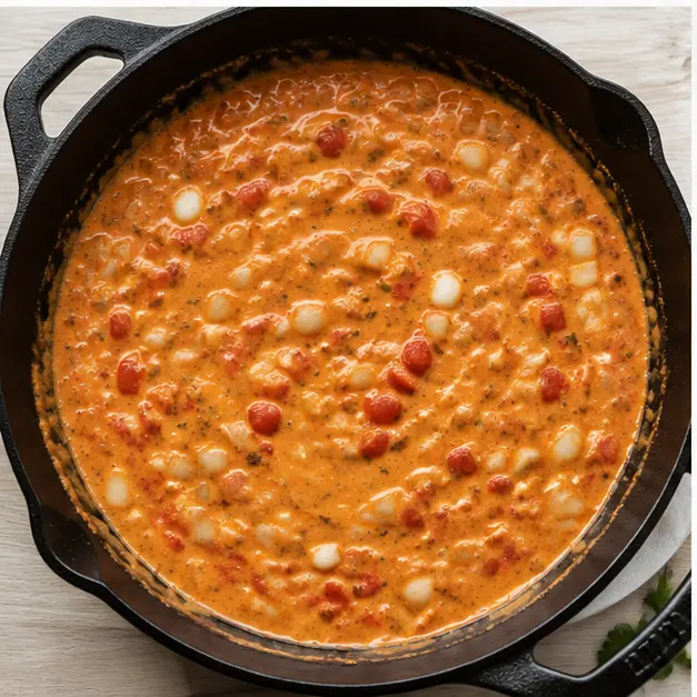 Simmering the creamy red pepper sauce with tomatoes, broth, and cream
