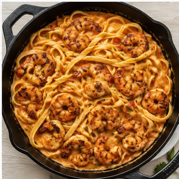 Tossing cooked fettuccine and seared shrimp in the glossy sauce