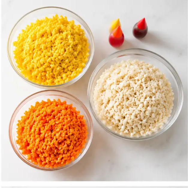 Step 2: Dividing and tinting the mixture yellow, orange, and plain white