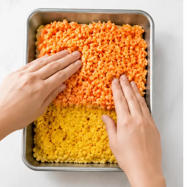 Step 3: Pressing the tri-color layers into the buttered baking pan