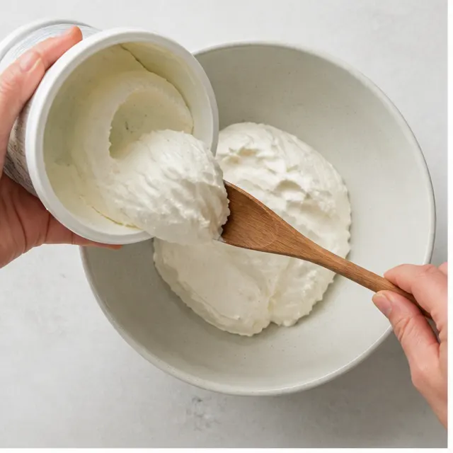 Step 1: Scooping the creamy no-bake cheesecake filling into the serving dish