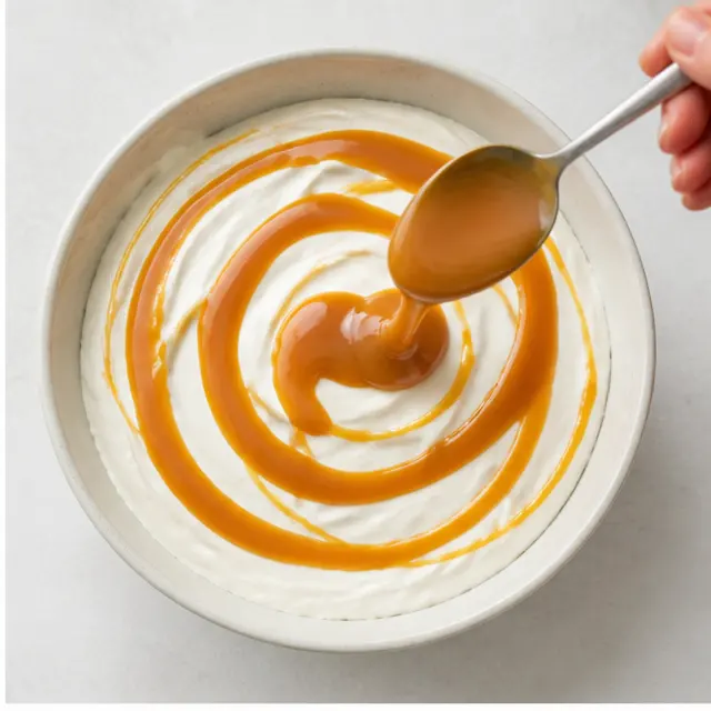 Step 2: Drizzling the golden caramel sauce across the smooth cheesecake base