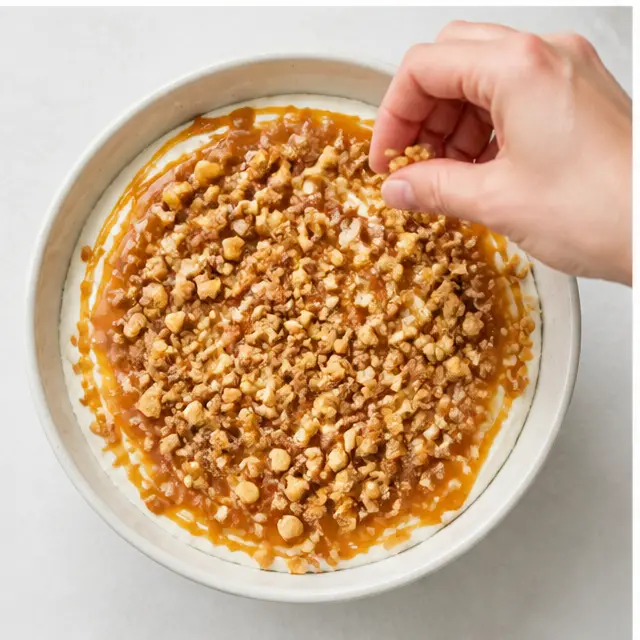 Step 3: Sprinkling the crushed salted peanuts and toffee bits over the caramel layer