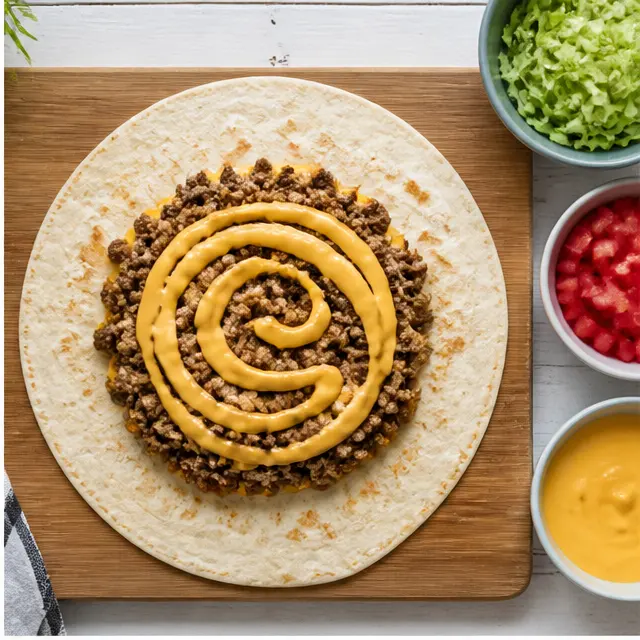 Step 2: Assembling beef and cheese sauce on a tortilla