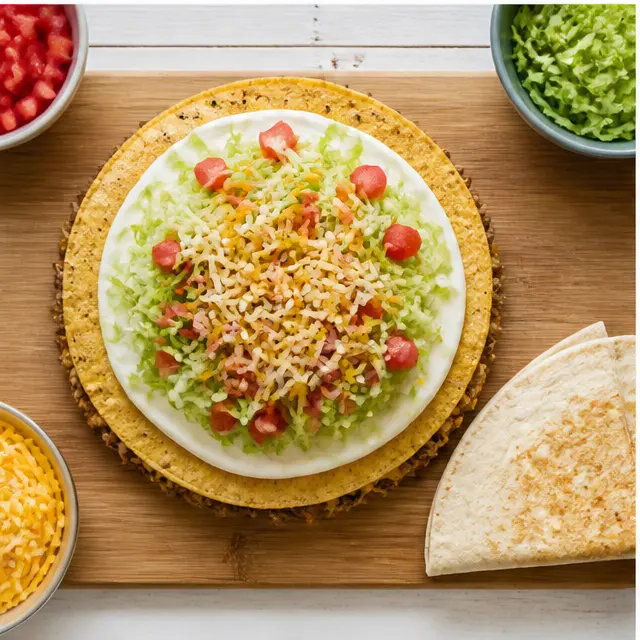 Step 3: Stacking tostada shell and fresh toppings