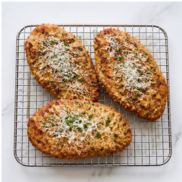Step 4: Finished crispy cutlets on a wire rack with parsley garnish