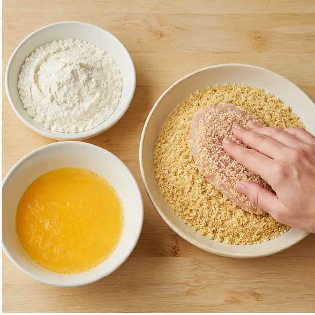 Step 2: Press breaded chicken firmly into panko-romano mixture