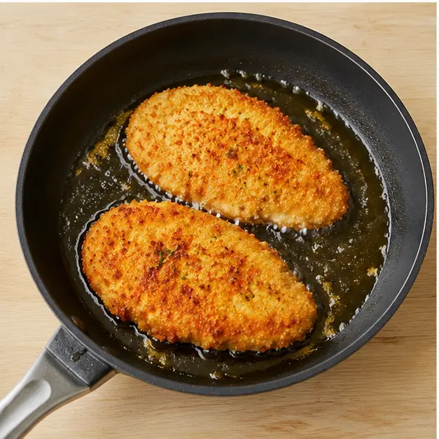 Step 3: Pan-fry breaded chicken until deep golden brown