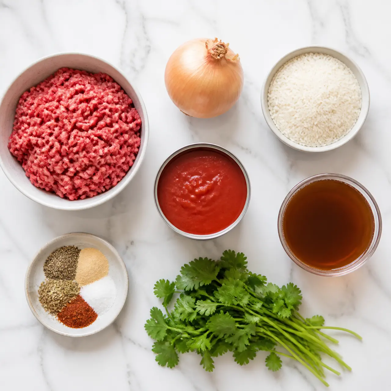cheesy beef and rice skillet - main ingredients