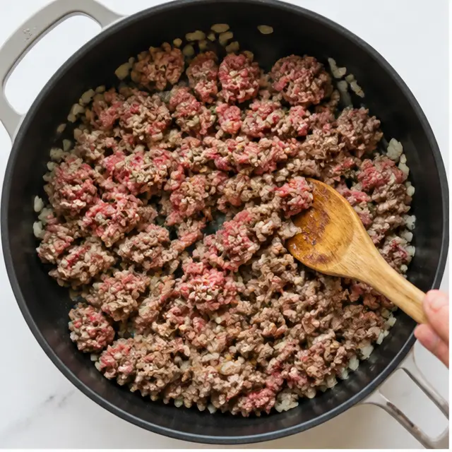 Step 1: Browning seasoned ground beef with onions