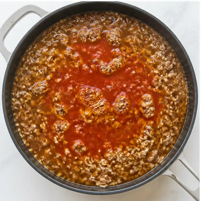 Step 3: Simmering rice in tomato sauce and broth