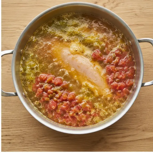 Step 2: Adding broth and chicken to simmer