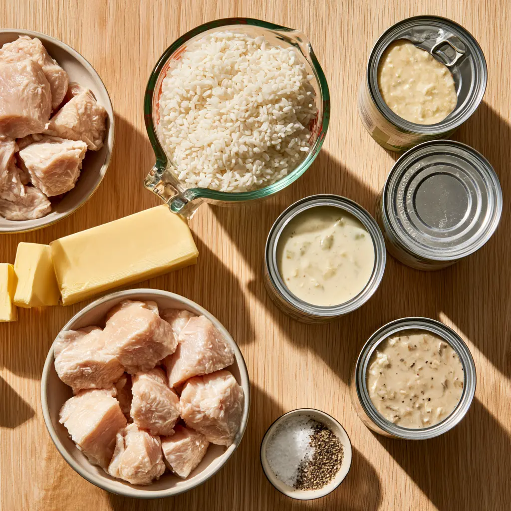 chicken and rice casserole - main ingredients