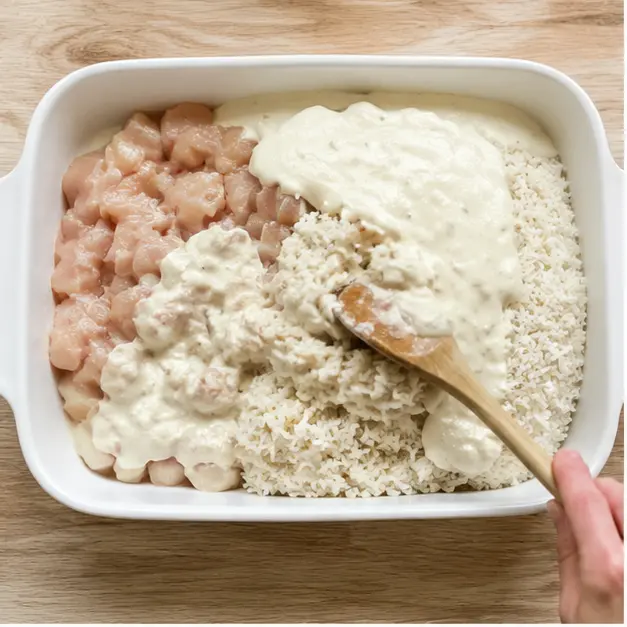 Step 1: Stirring cubed chicken, dry rice, and three cans of soup into a baking dish