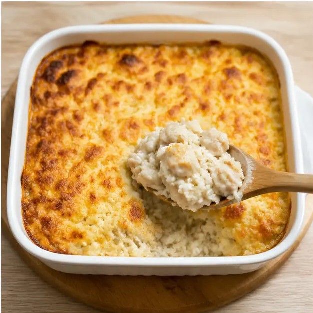 Step 4: Resting and lifting the first creamy scoop from the finished casserole