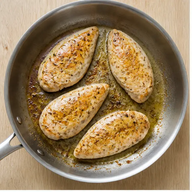 Step 1: Searing marinated chicken fillets until golden brown