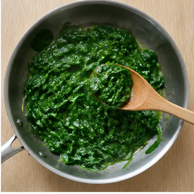 Step 2: Wilting fresh spinach down in the same hot skillet