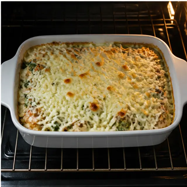 Step 4: Baking the assembled casserole until the cheese is bubbly and golden