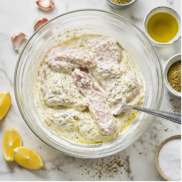 Mixing the yogurt marinade and coating chicken