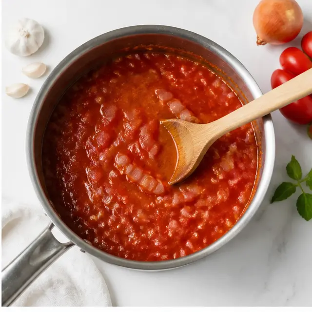 Simmering the thick tomato sauce