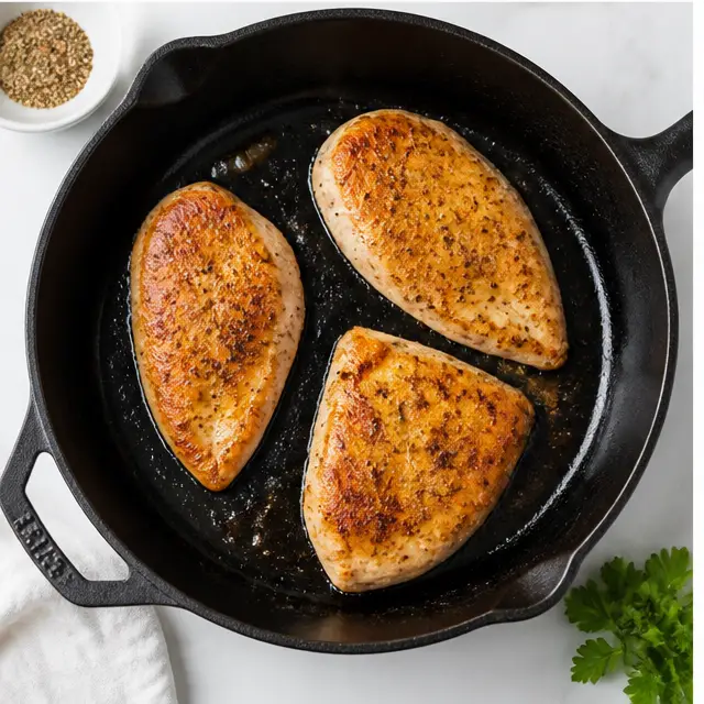 Searing golden-brown chicken fillets