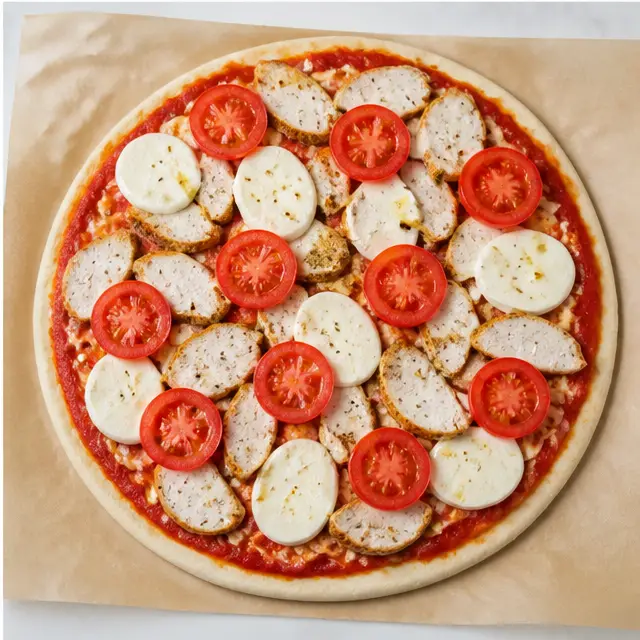 Assembling the topped pizza on parchment