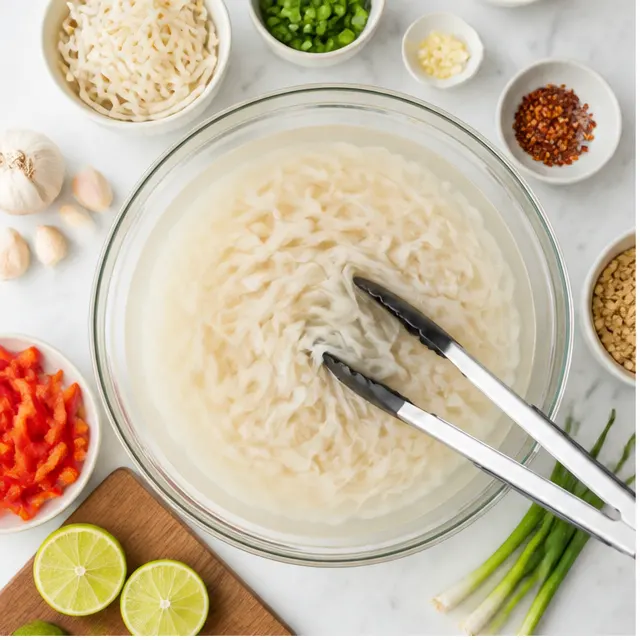Step 1: Soaking wide rice noodles in warm water until pliable