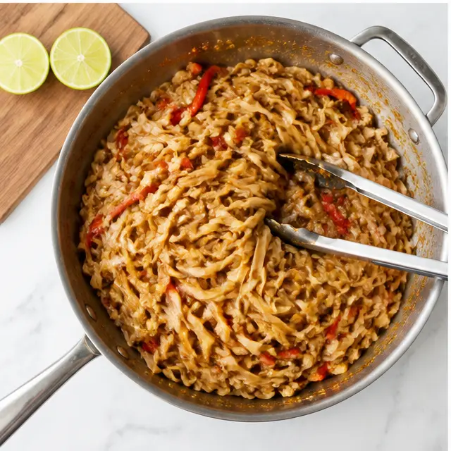 Step 3: Tossing noodles with glossy garlic butter pad thai sauce