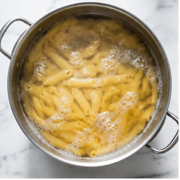 Step 1: Boiling penne rigate pasta in salted water