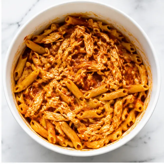 Step 2: Mixing cooked pasta with shredded rotisserie chicken and marinara