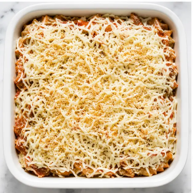 Step 3: Topping the casserole with mozzarella, provolone, and panko breadcrumbs