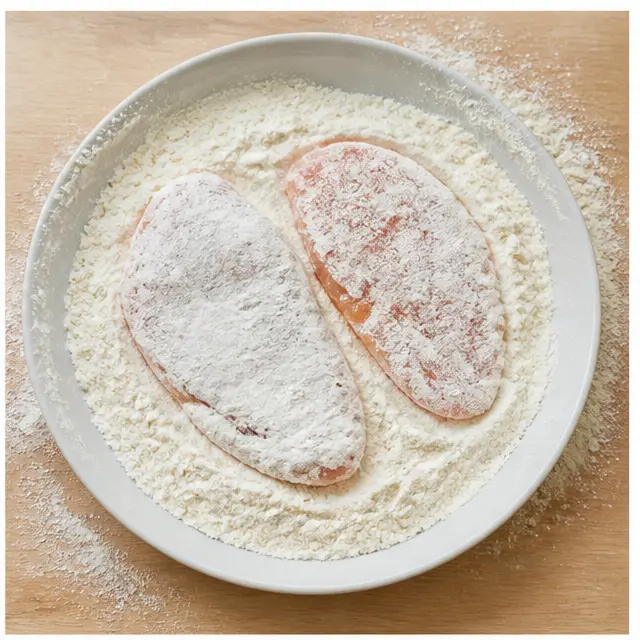 Dredge seasoned cutlets in flour
