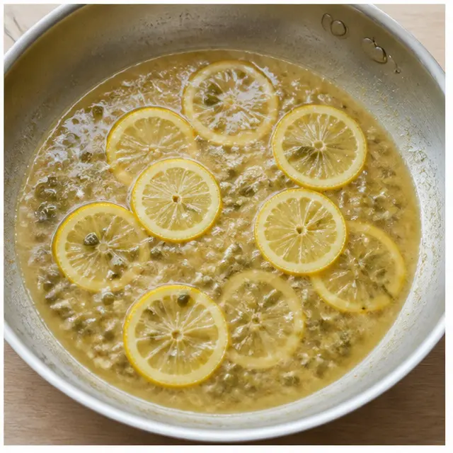 Simmer lemon caper sauce in the skillet