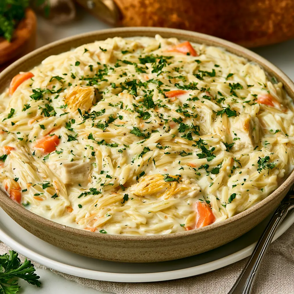 chicken pot pie orzo - final presentation