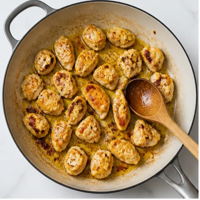 Browning golden chicken chunks in olive oil